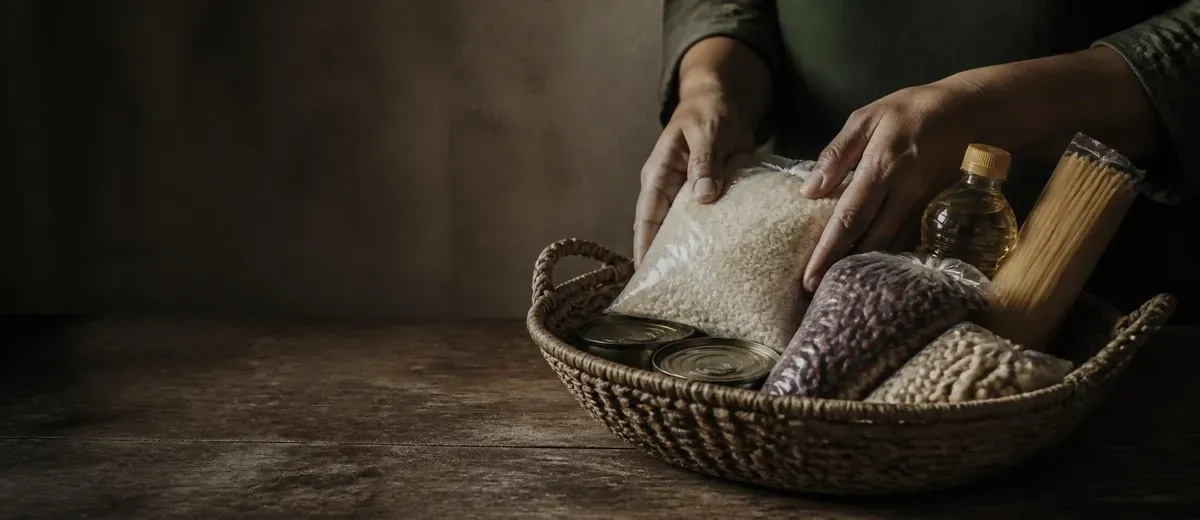 Mãos organizando alimentos de uma cesta básica sobre mesa de madeira